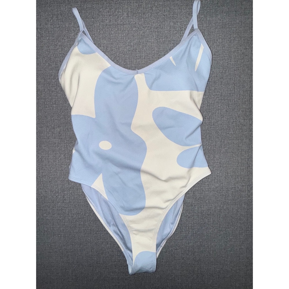 $118 NWT WILO The Label XS One Piece Swimsuit Blue Floral Ribbed V-Neck XS